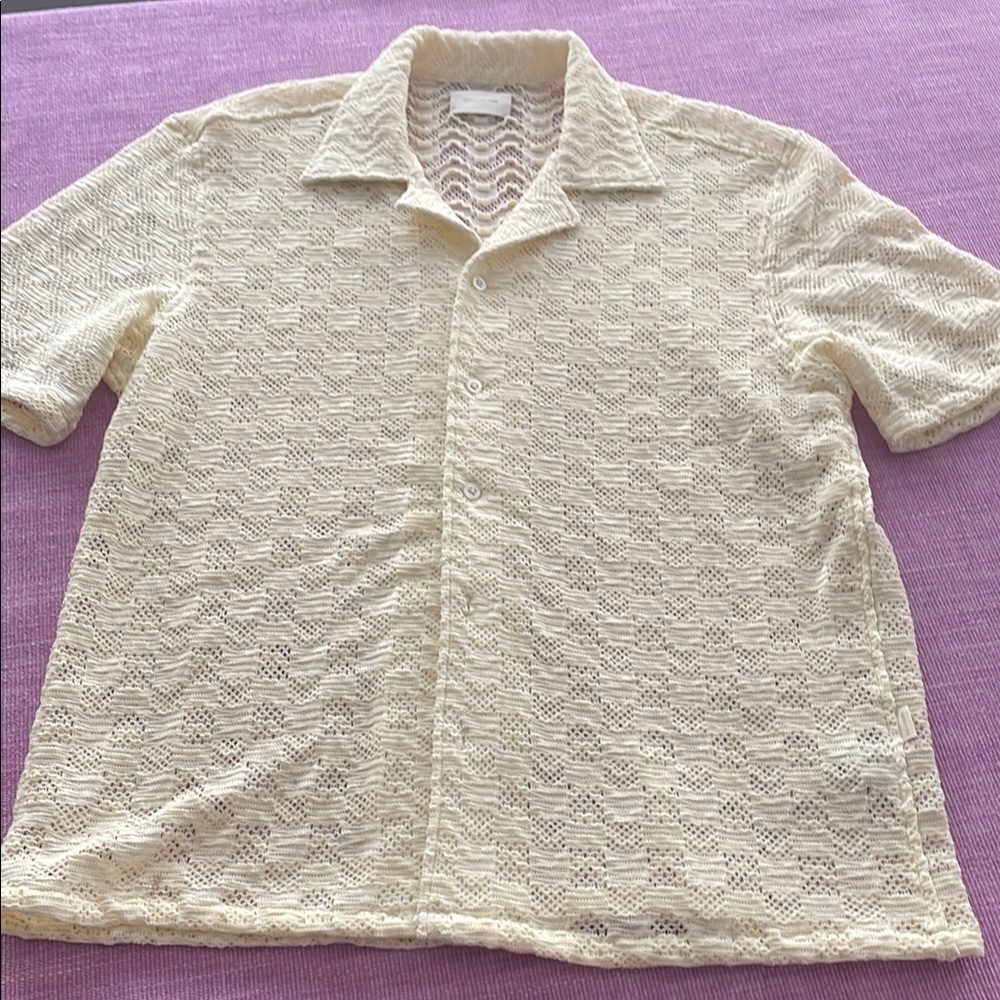Aime Leon Dore Cream Lace Short Sleeve Shirt.